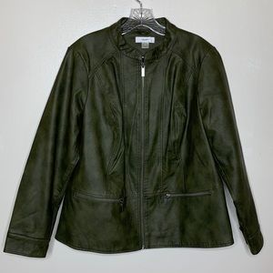 CJ BANKS Jacket Green Vegan Leather Zip Front Mandarin Collar X (XL)